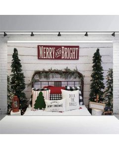 MEHOFOND 7x5ft Christmas Photography Background Merry and Bright Christmas Tree Retro Wood Wall Headboard Bed Indoor Backdrops Winter Xmas Family Party Decoration Banner Child Photo Portrait Props