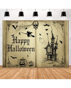 MEHOFOND Happy Halloween Backdrop Halloween Party Decorations Supplies Banner Tale Books Horror Pumpkin Spider Witch Decor Photography Background Photo Booth Props Vinyl 7x5ft