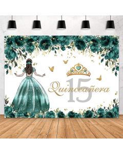 MEHOFOND Quinceanera Backdrop Sweet 15 Girl Miss Quince Banner Green and Gold Roses Crown Girl in Princess Dress Fifteen Birthday Party Photo Background Studio Props Vinyl 7x5ft