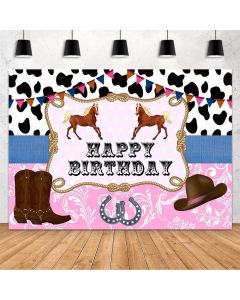 MEHOFOND Cowboy Birthday Backdrop Cowgirl Birthday Decorations Banner Black and White Pink West Cowgirl Cowboy Hat Riding Boots Horse Photograph Background Banner Cake Table Vinyl 7x5ft
